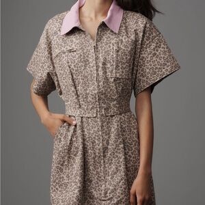 Maeve Leopard Print Utility Fit and Flare Mini Dress with Pink Collar